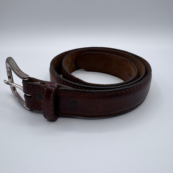 Justin Top Grain Leather Belt Brown Silver Buckle Mens Size 34 Made USA - Picture 1 of 9
